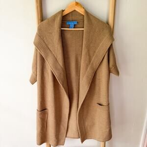 Doncaster Sport 100% Wool Hooded Cardigan Tan Open Front Sweater Size Medium